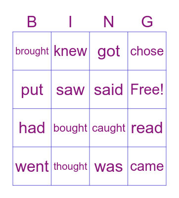 Kids 12 past verbs Bingo Card