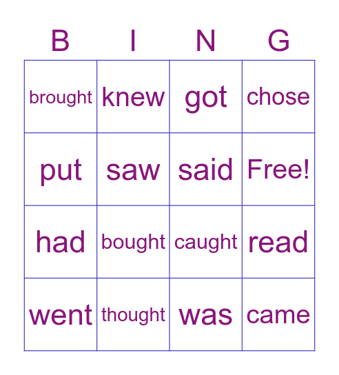 Kids 12 past verbs Bingo Card