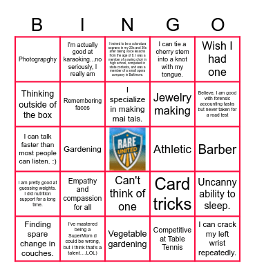 Hidden Talents Bingo Card