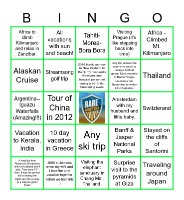 Favorite Vacation Bingo Card