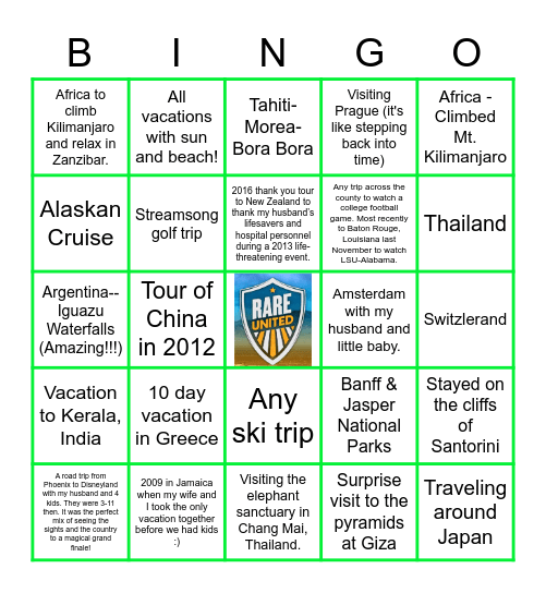 Favorite Vacation Bingo Card