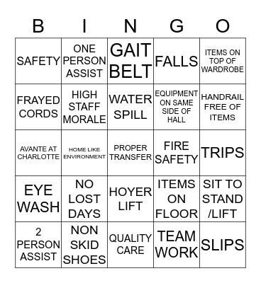 Avante' @ Charlotte Safety Bingo Card