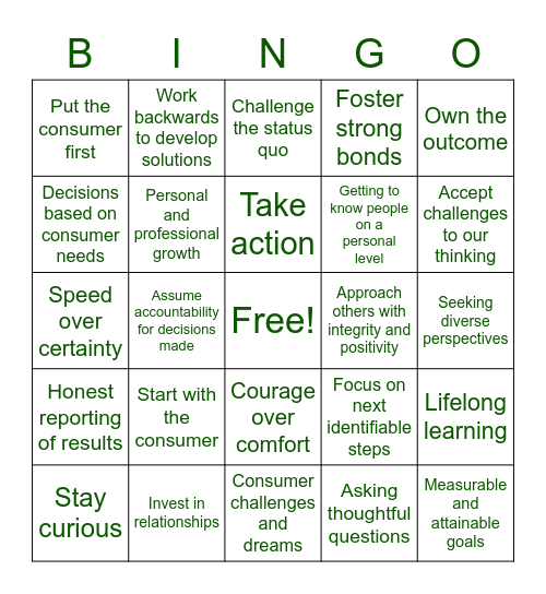 Core Values Bingo Card