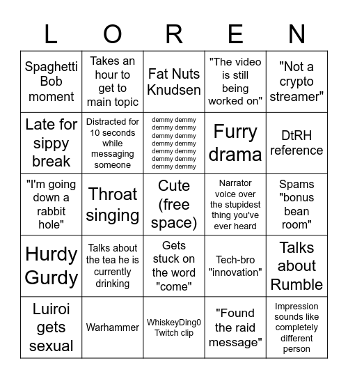 Fredrik Knudsen Stream Bingo Card