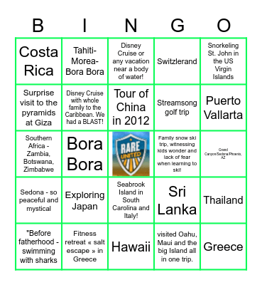 Favorite Vacation Bingo Card