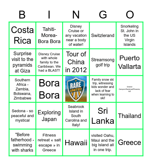 Favorite Vacation Bingo Card