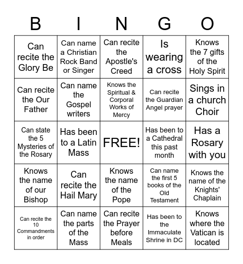 Catholic Bingo Card