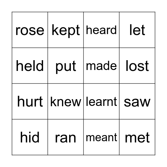 Irregular Verbs Bingo Card