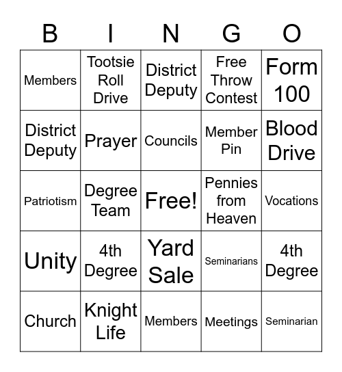 Knights of Columbus Bingo Card