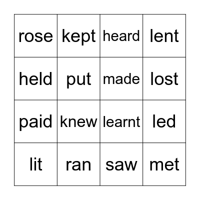 Irregular Verbs Bingo Card