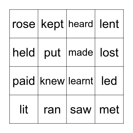 Irregular Verbs Bingo Card