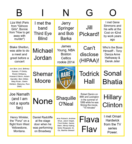 Meeting a Celebrity Bingo Card