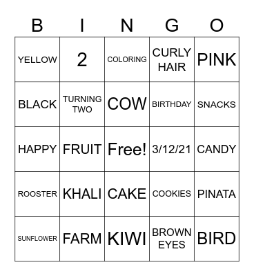 Khali's 2nd Birthday Bingo Card