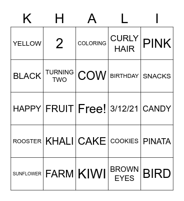 Khali's 2nd Birthday Bingo Card