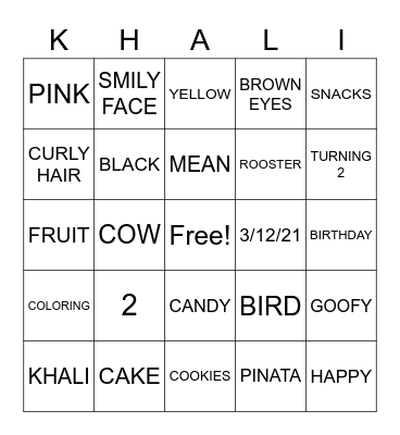 KHALI 2ND BIRTHDAY Bingo Card