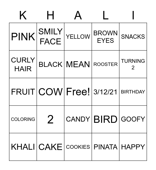 KHALI 2ND BIRTHDAY Bingo Card