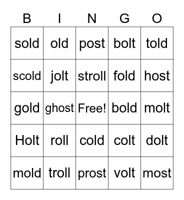 Wild Old "O" Words Bingo Card