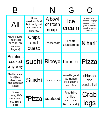 Favorite Food Bingo Card