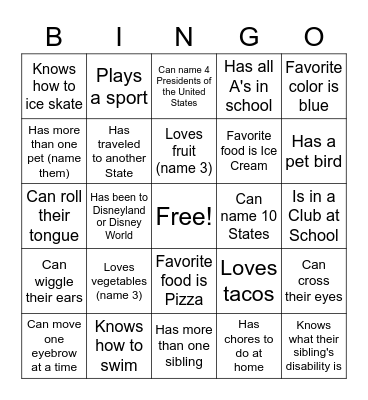 "ALL ABOUT ME" BINGO Card