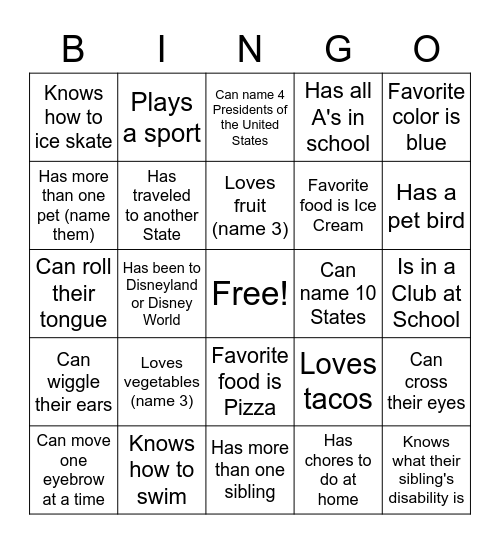 "ALL ABOUT ME" BINGO Card