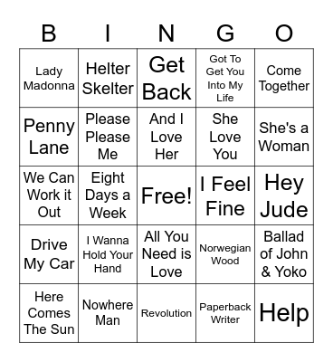The Beatles Bingo Card