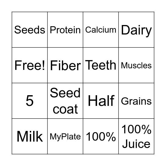 MyPlate Bingo Card