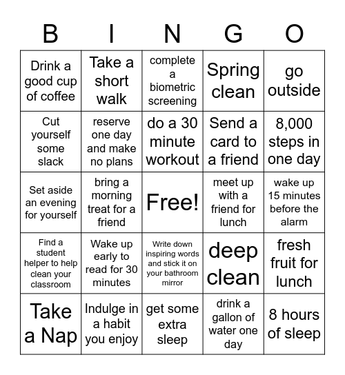NELSD March / April  Wellness Bingo Card