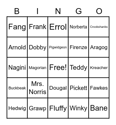 HP Roll Call Bingo Card