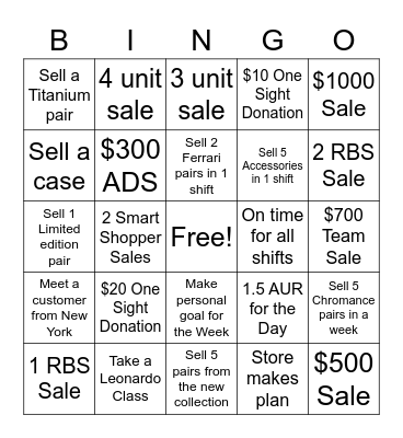 Ray Ban Bingo Card