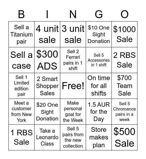 Ray Ban Bingo Card