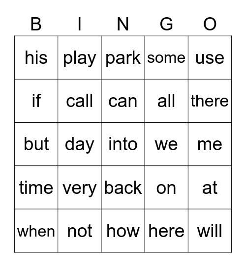 High Frequency Word Bingo Card