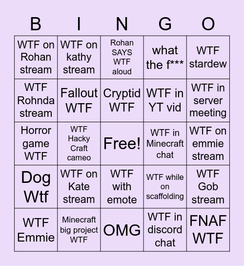 WTF Rohnda Bingo Card