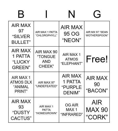 AIR MAX Bingo Card