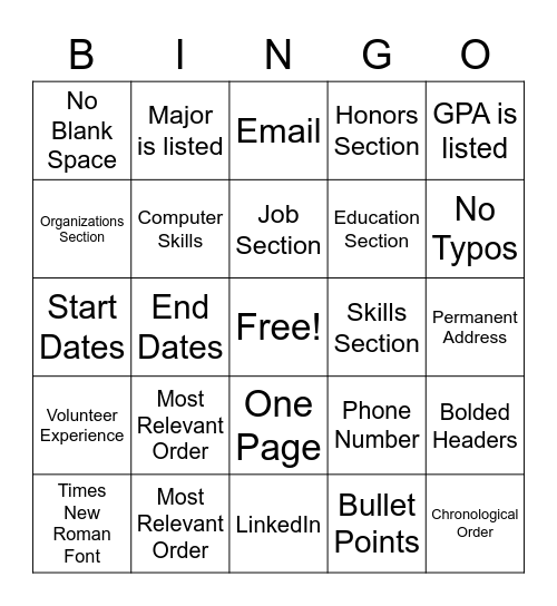 Resume Bingo Card