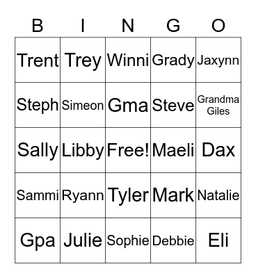 Peterson Family Bingo Card