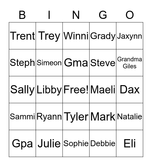 Peterson Family Bingo Card