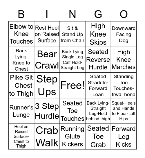 Hamstring Stretch (Dynamic vs. Static) Bingo Card