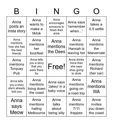 Anna Bingo Card