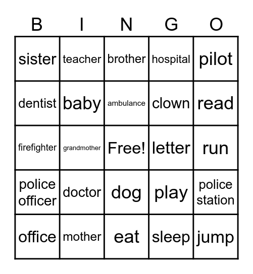 Occupations an Action Words Bingo Card