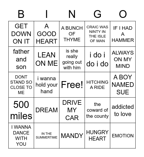 FIDELMAS SONGS Bingo Card