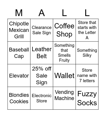 Keystone Mall Scavenger Hunt Bingo Card
