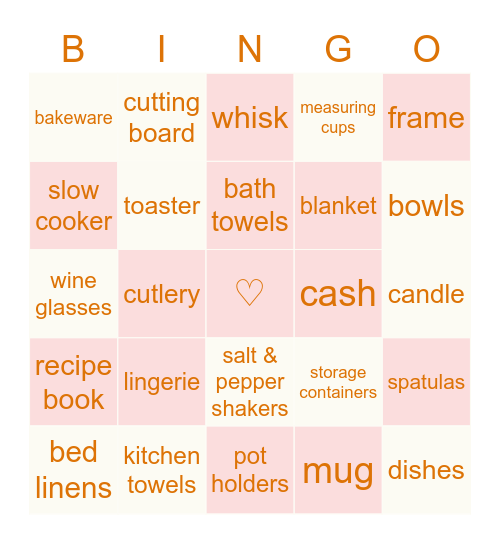 Bridal shower Bingo Card