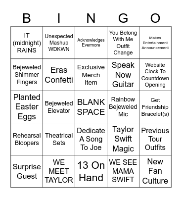 Taylor Swift THE ERAS TOUR BINGO BOARD Bingo Card