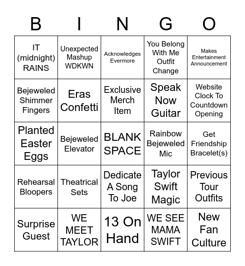 Taylor Swift THE ERAS TOUR BINGO BOARD Bingo Card