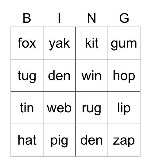 Vowel Sounds Bingo Card