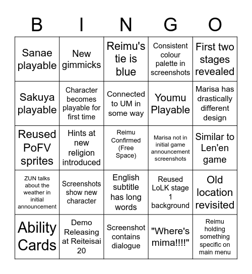 Touhou 19 Bingo Card (Announcement) Bingo Card