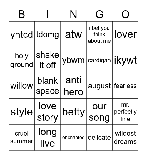 Eras Tour Bingo Card