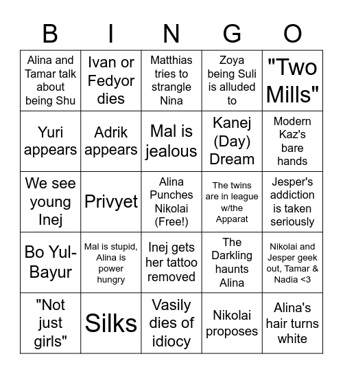 SAB Season 2 Bingo Card