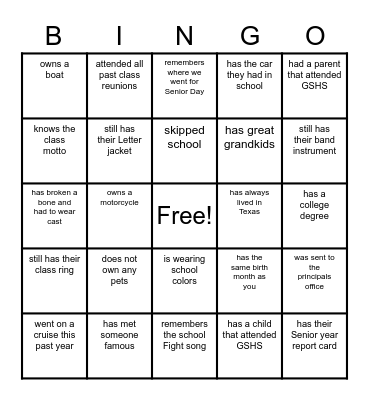 ~Class of 1973~Find Someone Who....... Bingo Card