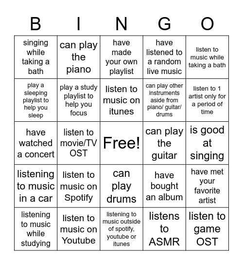 Music Habits Bingo Card